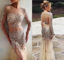 New Nude Mermaid Crystals Sequins Beaded Evening Party Prom Gown Celebrity Dress