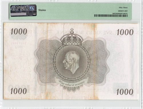 SWEDEN 1000 Kronor 1973, P-46f, Highest Denomination Large Note, PMG 53 AU, Rare - Picture 2 of 2
