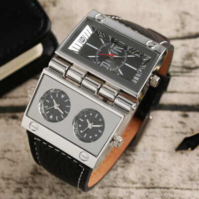 Oulm Men's Steampunk Quartz Watch Muliti Time Zone Leather Strap Wristwatch Gift