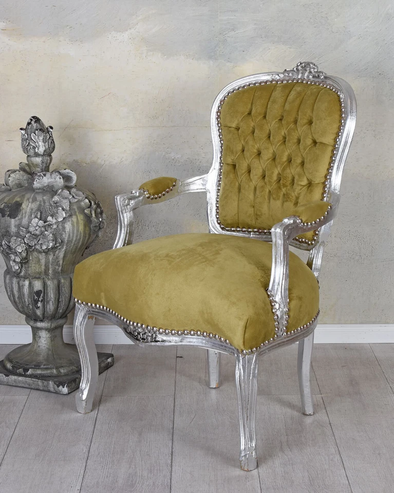 Barock Sessel Silber Samtsessel Armlehnstuhl Antik Stuhl Armlehnsessel Rokoko - Bild 4 von 4