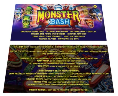 Williams Monster Bash Pinball Custom Apron Instruction Cards