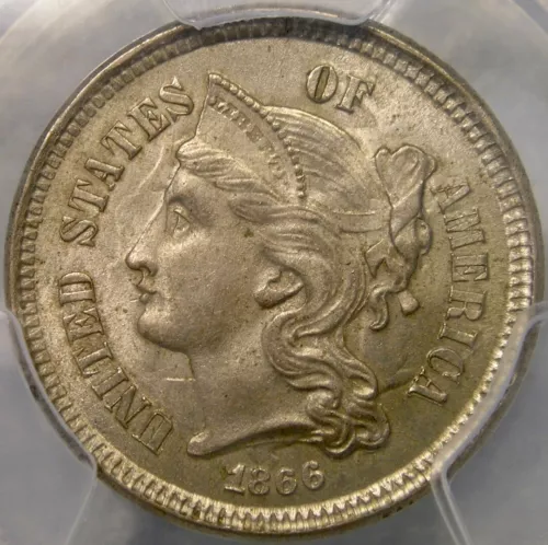 1866 THREE CENT NICKEL GORGEOUS INVERTED PROFILE REV DIE CLASHES/BREAK NGC MS 64