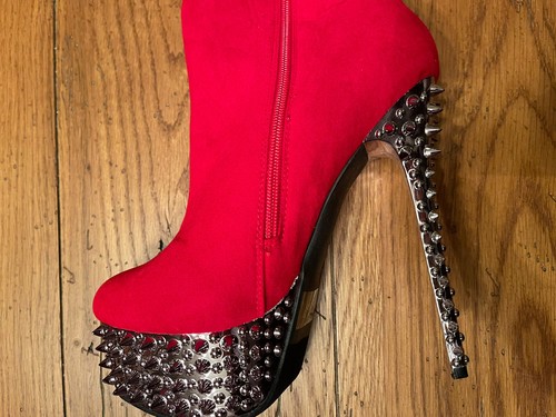 Kush Kouture Knee Hi Red 2" Spiked Platform 6" Stiletto High Heel Boots - 8.5 SZ - Picture 5 of 8