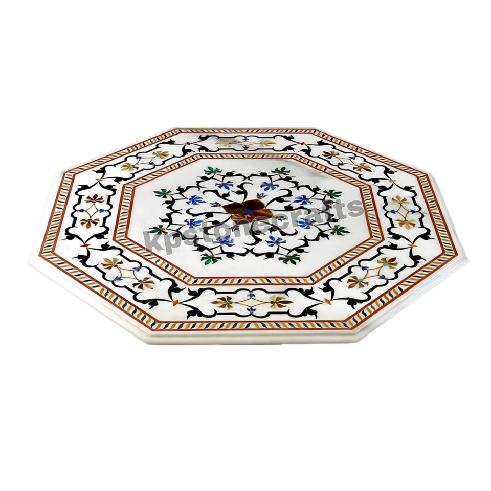 White Marble Octagonal Table Top with Pietra Dura Inlay - Image 2 of 4