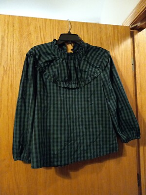 Draper James Rsvp Checkered Green & Black Top Blouse Size Small  Ruffle Neckline