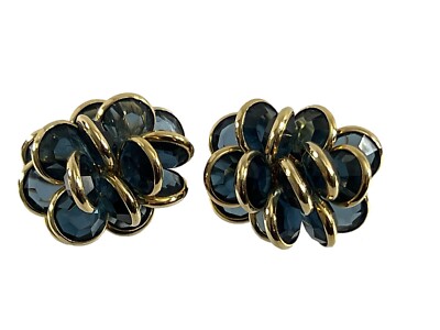 Vintage Neiman Marcus Clip On Earrings Blue Gold Tone Swarovski Crystal Cluster