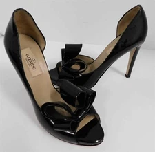 New Valentino Garavani Black Patent Leather Bow Open Toe D'Orsay Pumps 35