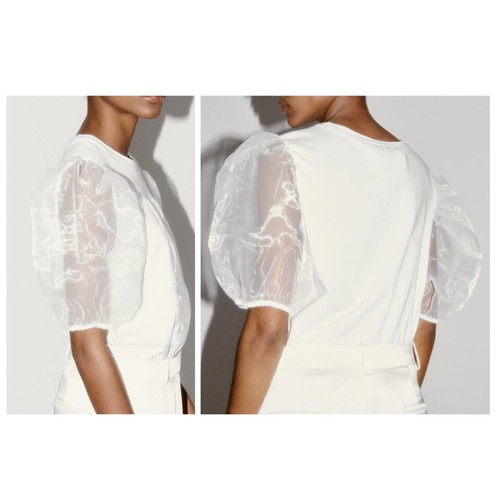 NEW Zara Women’s Printed Tshirt Organza Puff Sleeves size M White Retro Classic - Picture 2 of 11