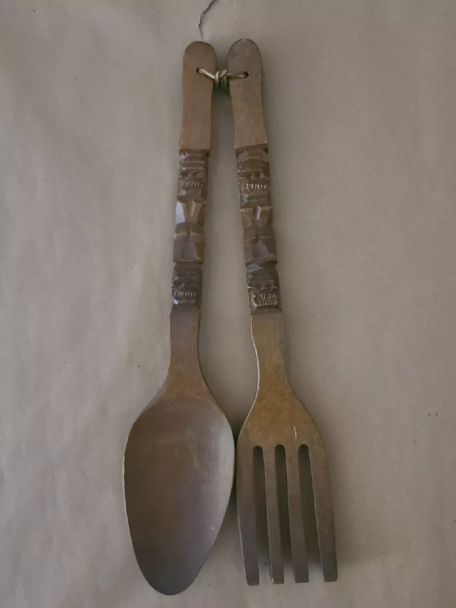 Vintage Large 22 Carved Wooden Fork and Spoon Wall Decor Wood Tiki Totem