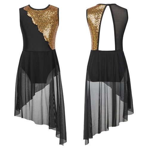 UK Girls Gymnastics Leotard Lyrical Dancing Costume Irregular Latin Dance Dress - Picture 11 of 59