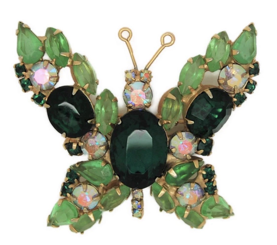 Vintage ICONIC SPARKLING JULIANA D&E GREEN~LIME~AB BUTTERFLY BROOCH PIN