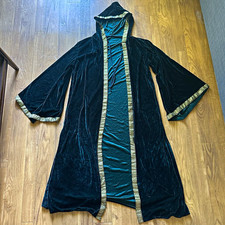 Hooded Medieval Renaissance Faire Velvet Robe Cloak Gold Trim 140 cm Poly EUC