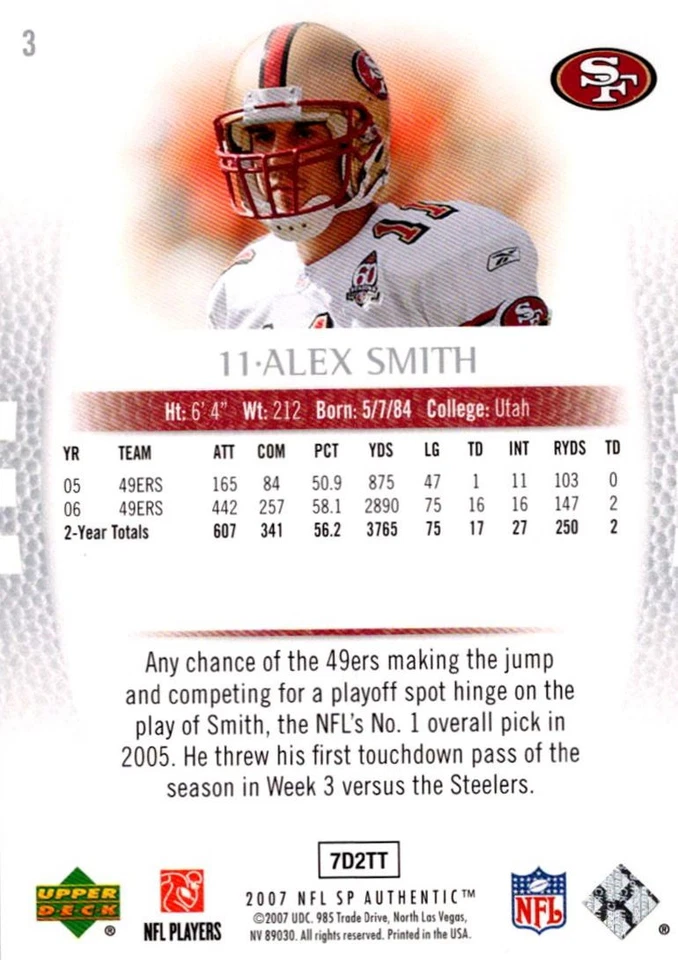 2007 SP Authentic Alex Smith San Francisco 49ers #3 - Image 2 of 2