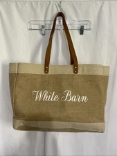 White Barn Burlap Tote Bag Brown Leather Handle Approximately 17x12x6”