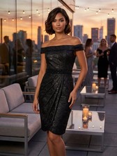 Short Black Brocade Off Shoulder Beaded Belt Formal Dress Size 6 Event Gown