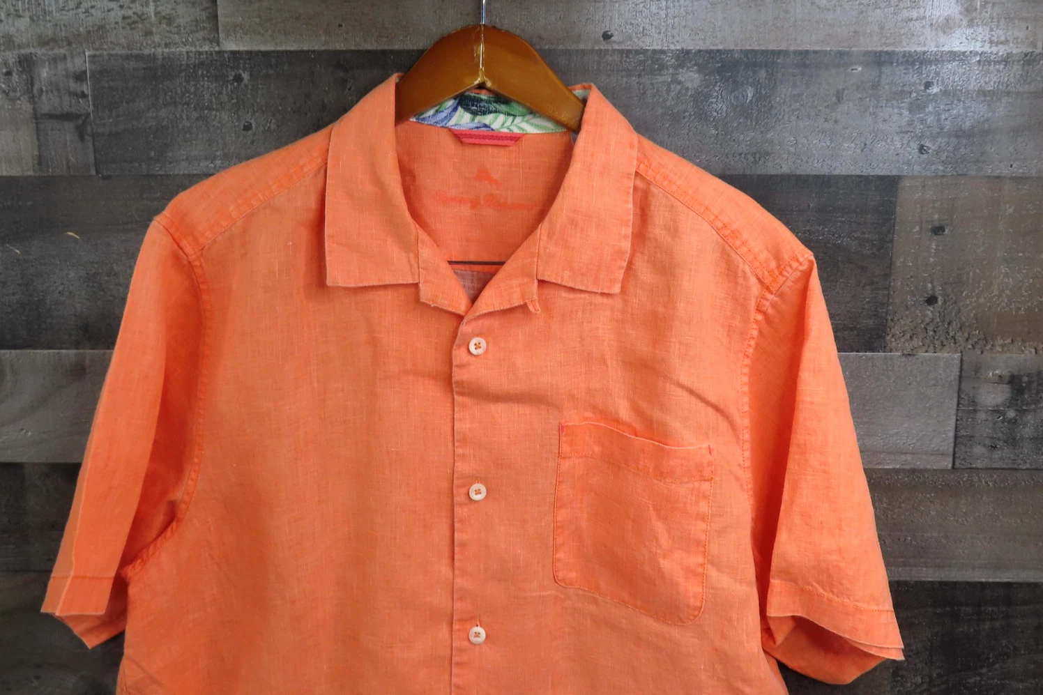 Tommy Bahama Shirt Mens Large Orange Linen Short Sleeve Button Up Beach Summer