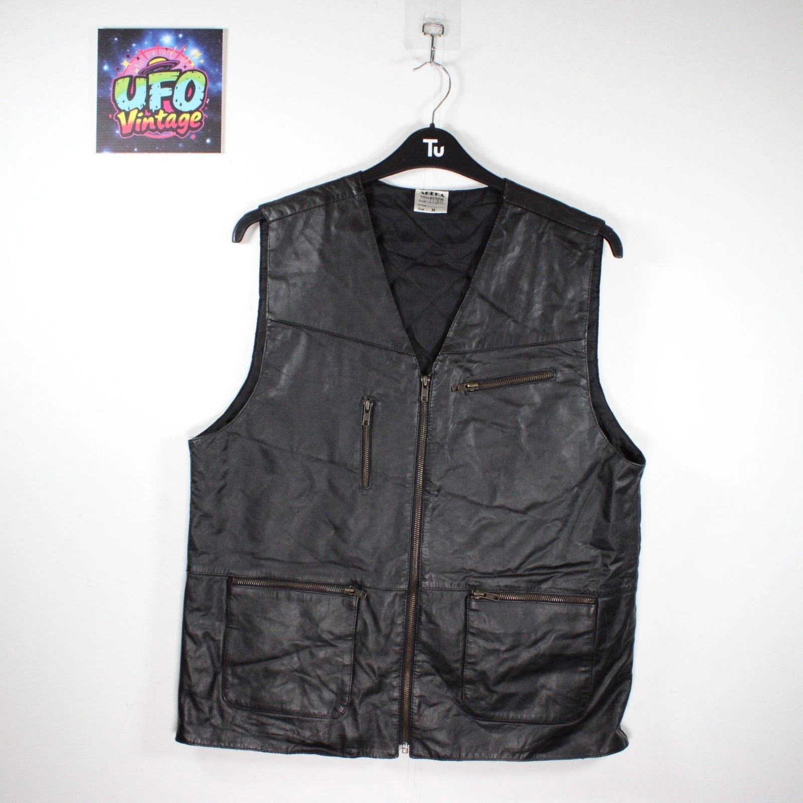Vintage Leather Utility Vest Mens M Black Western 90s Pockets Button Country