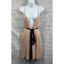 Missguided A-Line Dress Nude Beige Pink Size 8 Plunge V-Neck Pleated Racer Back