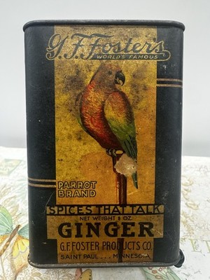 Antique G.F. Foster's Parrot Brand Ginger Spice Tin 8oz - ''Spices That Talk'' MN