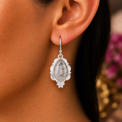 Black Rutile Gemstone Drop Earrings 925 Sterling Silver Jewelry For Mother 1.6''