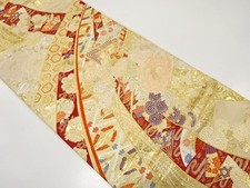 7627141: JAPANESE KIMONO / ANTIQUE FUKURO OBI / SILK / WOVEN CARRIAGE