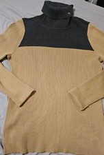 Vtg Polo Ralph Lauren Ribbed Turtleneck Sweater Women's L Grey/Tan Cotton Logo
