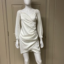 Fashion Nova White Satin Long Sleeve Wrap Mini Dress Women Sz S Ruched