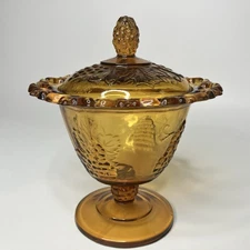 Vtg Amber Glass Harvest Grape Covered Pedistal Candy Dish w/ Lid 6 1/2 x 6 in