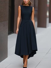 Spring/Summer Elegant Women's Sleeveless Asymmetric Pleated Dress Slimming Round