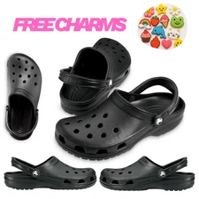 Crocs Classic Clog Unisex Black Sandals Slip-On Comfort Shoes with 4 Charms