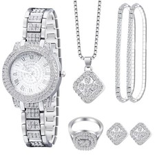 7 Pcs Luxury Women Watch and Bracelet Set Elegant Rhinestone Jewelry Quartz 