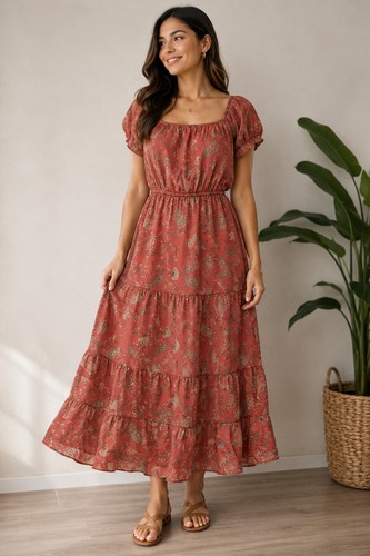 Indigo Rose Women’s 3X Paisley Midi Dress Terracotta Tiered NWT