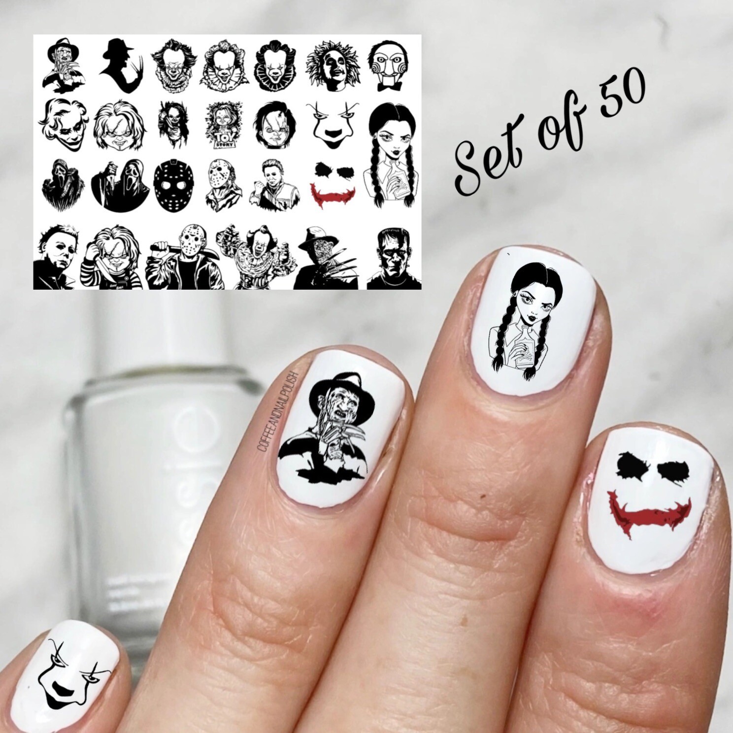 Scary Halloween Black and White Movie Waterslide Nail Decals Set of 50