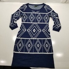 T/O Women's Aztec Print Knit Blue White Sweater Dress Long Sleeve Size Small