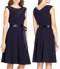 Tahari 7229M472 Navy Beaded Belted A-Line Flare Tea Dress Size 6