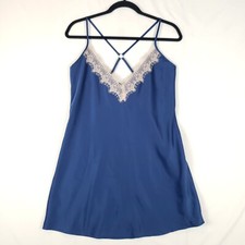 Fredericks of Hollywood Liquid Satin Slip Womens Medium Lace Tri Blue Cross Back