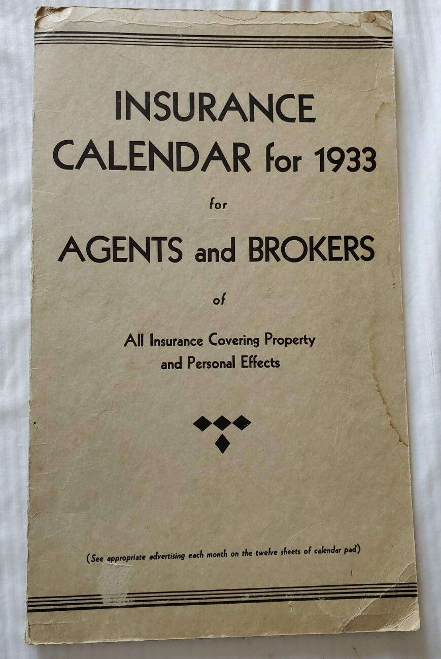 SALESMAN'S SAMPLE 1933 INSURANCE AGENT'S 3- COLOR CALENDAR 15