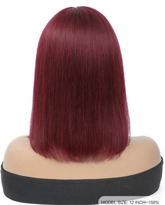 Perruque Courte En Cheveux Humains Rouge Cuivré Foncé Pour Femme - Coupe Pixie, Frange, Cadeau Inclus