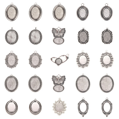 10 Stck. Vintage Tibetische Legierung Anhänger Cabochon Einfassung Fassungen Silber Oval Perlen Tablett