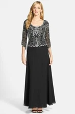  JKARA EMBELLISHED BODICE MOCK TWO PIECE SCALLOP BLACK CHIFFON GOWN 8