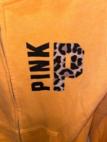 Victoria Secret PINK Womens M Hoodie Sweatshirt Orange Leopard Logo Full zip