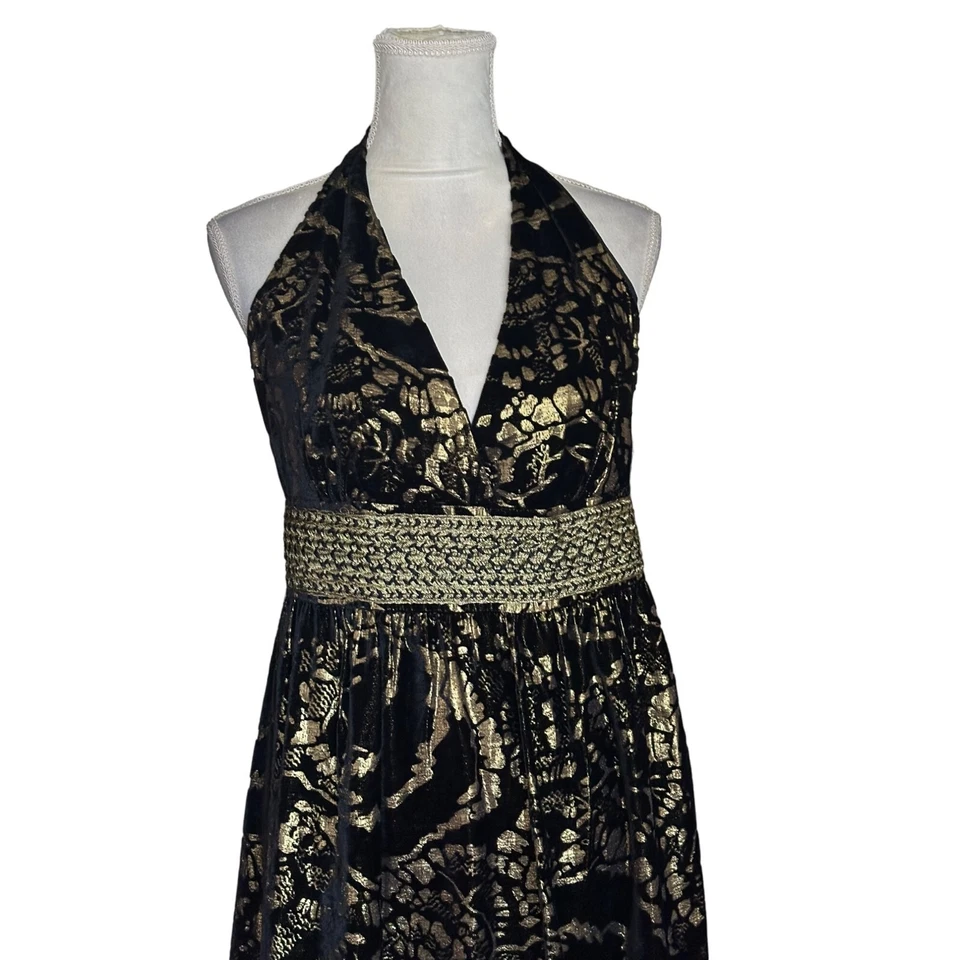 Vestido Cynthia Steffe Negro y Dorado Terciopelo Burnout Cuello Halter Talla 14 Cóctel Foto 3 de 4