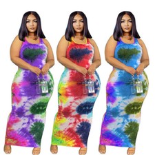 Plus Size Women's Round Neck Sleeveless Tie-dyed Print Casual Bodycon Dress