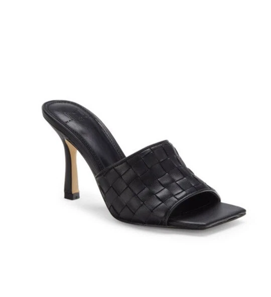 Black woven leather store mules