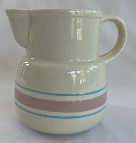 Vtg McCoy Cream Pink Blue Banded Lancaster Colony Corp Pottery Pitcher Vase  USA