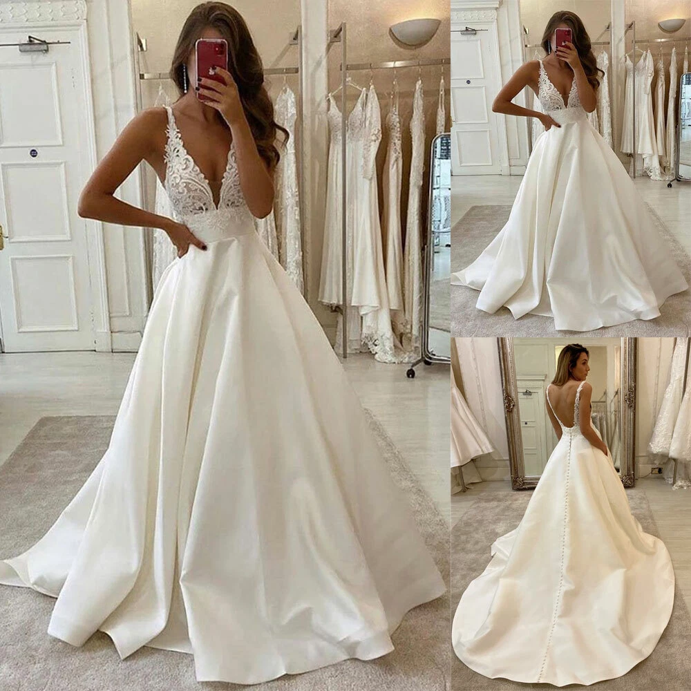 V-neck Satin Lace Simple Wedding Dresses A-line Spaghetti Strap Backless  Gowns