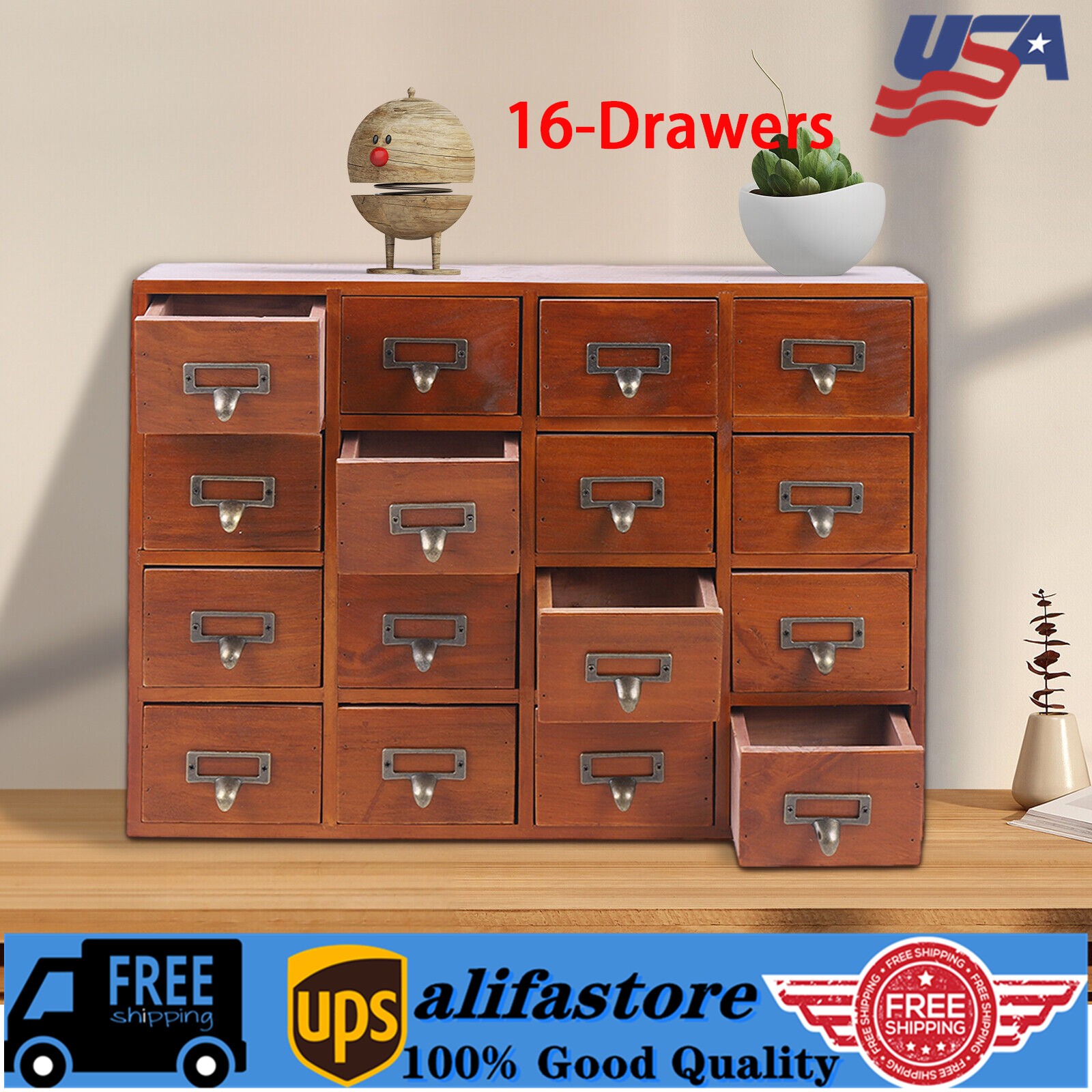 Desk Drawer Organizer Wooden Storage Box Rustic Small Parts Tool Box Cabinet NEW