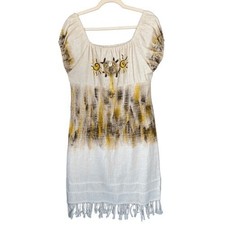 T7 Y2K VTG HANMAH MODAS Boho Cochella Sun Dress Fringe Tan Yellow Womens