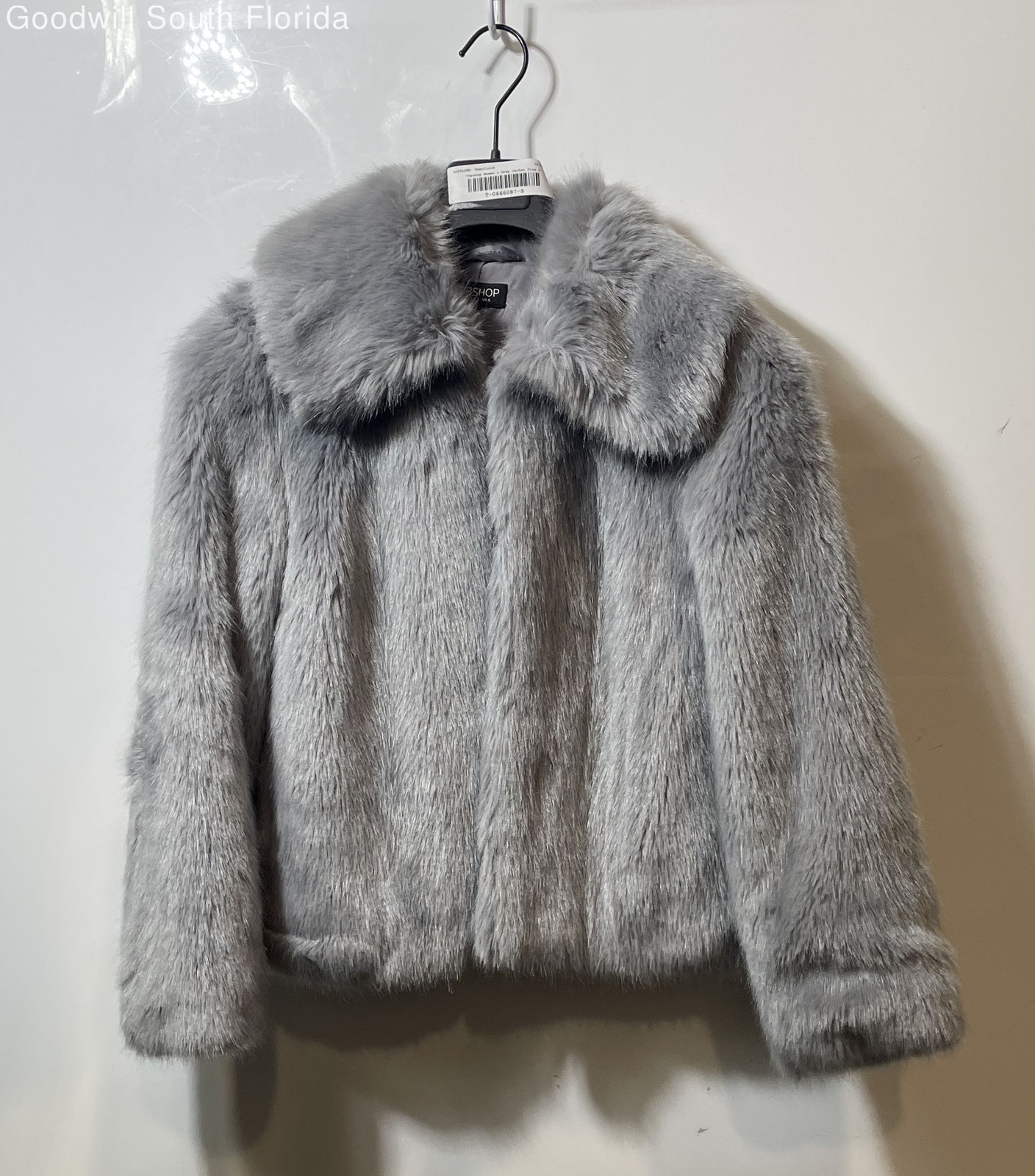 Topshop Womens Gray Long Sleeve Collared Faux Fur Full-Zip Cropped Coat Size 2