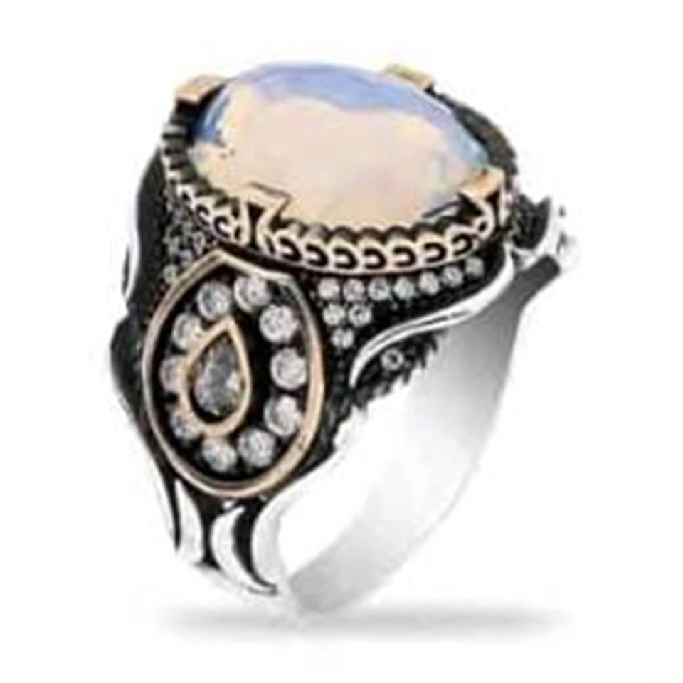 Anillo de plata de ley 925 estilo joyería turca para hombre con piedra de circón beige Foto 4 de 4